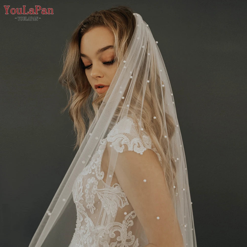 YouLaPan V05 Luxury Bridal Tulle Bridal Veil Pearl Wedding Veil with Hair Comb 1 Tier Long Wedding Veil Cathedral Wedding Veil