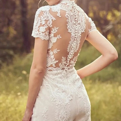 Elegant Jumpsuit Wedding Dresses For Women 2024 Lace Applique Short Sleeve O-Neck Vestidos De Novia Illusion Back Bridal Gowns