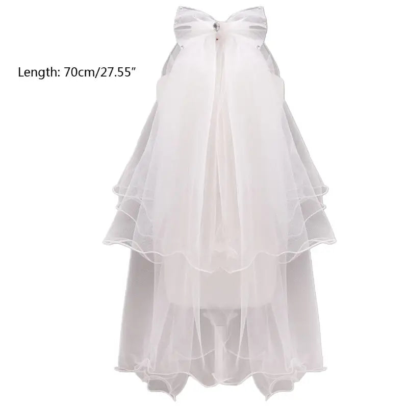 Handmade Double Layer Flower Girls Wedding Veils Cute Rhinestone Bowknot Costume