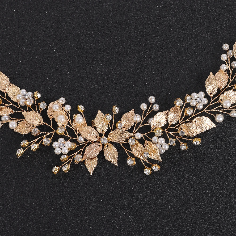 Gold Leaves Crystal Pearls Bride Headband Rhinestone Hair Ornaments Women Headpieces Flower Decor Wedding Hair Accessories