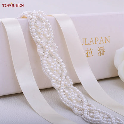 TOPQUEEN S353A Handmade Belts for Wedding Dress Pearls Decoration Women Bridal Female Formal Evening Party Gown Ribbon Sashes