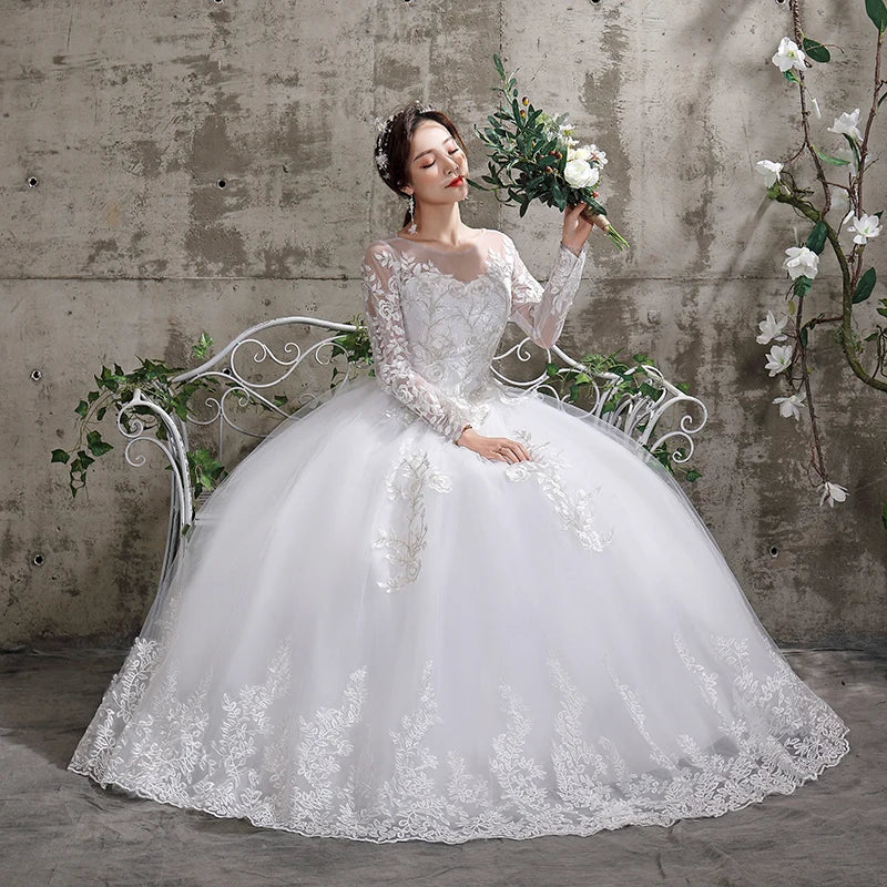 New Summer Korean Light wedding dress Vestidos De Novia off white bride O-neck dream princess simple Long Sleeve Lace appliques