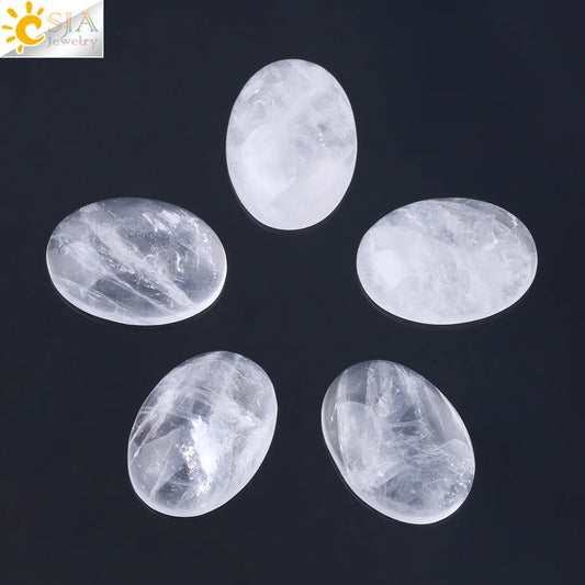 CSJA 1pc Natural Gem Stone White Crystal Cabochon Oval Clear CAB Beads No Drilling Hole for Jewelry Making DIY Pendant Ring F812