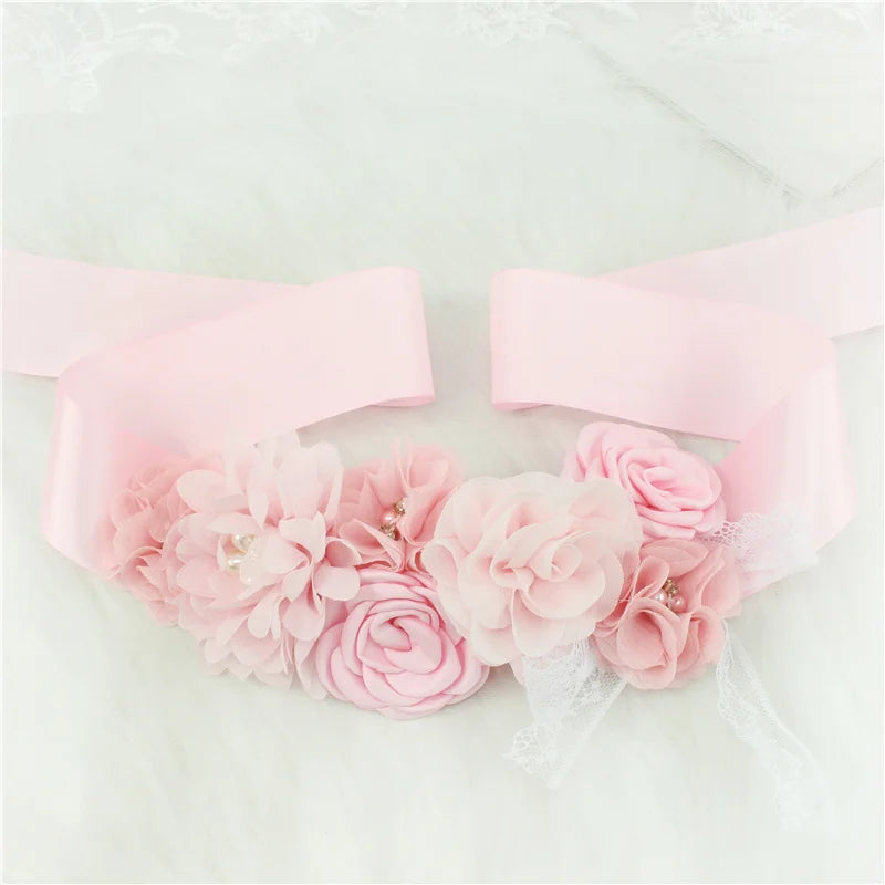 Pink White Blue Purple Fashion Flower Wedding Belts Pearl Bow Wedding Dress Belt Bridal Ribbon Sash Belt Party Bridesmaid Dress