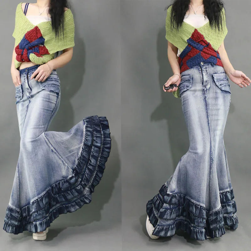 Retro Women Jeans Skirt Curve Beauty Cake Big Swing High Waisted Fishtail Skirts Slim Package Hip Mermaid Denim Long Maxi Skirts