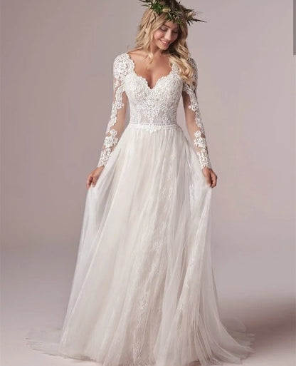 Lsyx Bohemian Long Sleeves Wedding Dress For Women Corset Low Back Floor Length Lace Appliques White Tulle Chiffon Bridal Gown