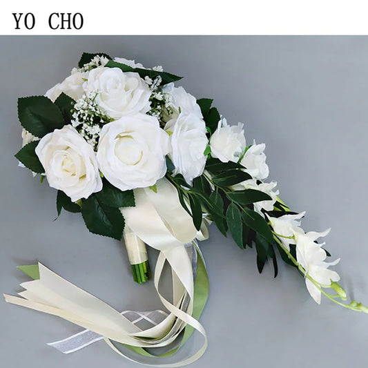 YO CHO Silk Rose Wedding Bride Bouquet Hand Hold Flower Decoration Holiday Party Supply European Waterfall Roses Wedding Bouquet