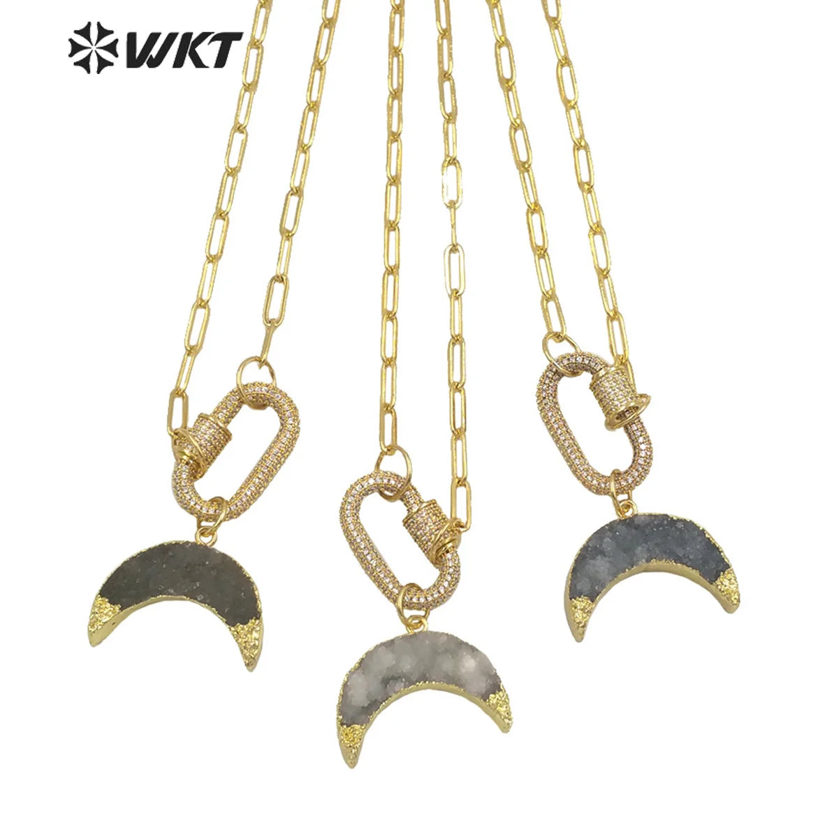 WT-N1302 WKT New Women Natural Druzy Quartz Gold Crescent Horn Pendant Necklace CZ Clasp Connector Stone Fine Jewelry