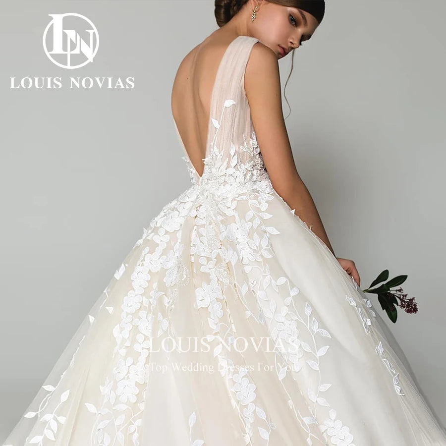 LOUIS NOVIAS Wedding Dresses For Women 2023 Elegant Backless Beaded Flowers Embroidery Sleeveless Wedding Gown Vestidos De Novia