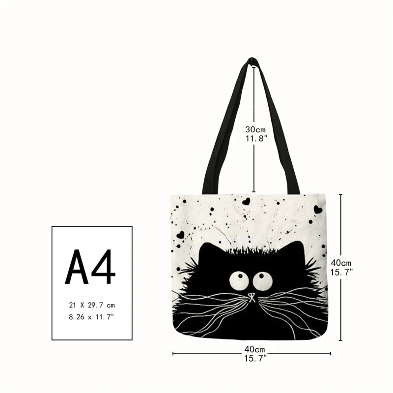 Customized Tote Shopping Bag Cute Cat Printing Women Handbag Linen Totes with Print Logo Casual Traveling Beach Bags handbag tote