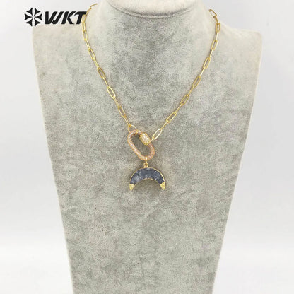 WT-N1302 WKT New Women Natural Druzy Quartz Gold Crescent Horn Pendant Necklace CZ Clasp Connector Stone Fine Jewelry