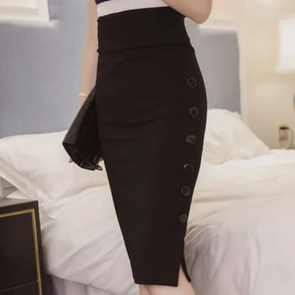 Oversized 2023 Fashion Women Work Midi Skirt OL Sexy Open Slit Button Slim Pencil Skirt Elegant Office Ladies Skirts Red Black