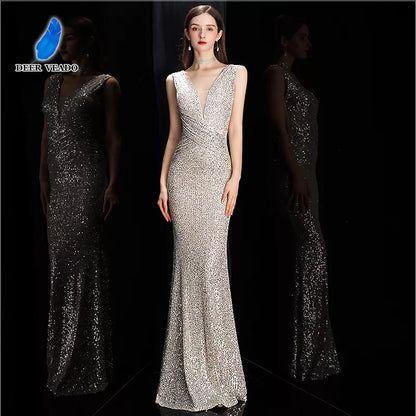 DEERVEADO Elegant V Neck Sequin Evening Dress Long 2023 New Women Mermaid Formal Dress Party Gown Bodycon Maxi Prom Dress