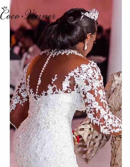 Cystal Beading Long sleeves Vintage Lace Mermaid Wedding Dress 2024 High Neck Appliques Plus Size Africa Wedding Dresses W0604