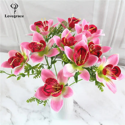 10Pcs/Bouquet Artificial Orchid Flore White Silk Fake Orchid Flower DIY Wedding Back Road Home Desk Vase Accessories Faux Flores