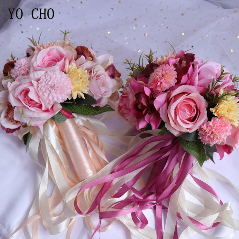 YO CHO Bridal Flower Bouquet Wedding Supplies Artificial Silk Rose Peony Flower Wedding Bouquet Dahlia Orchid Quality Bouquets