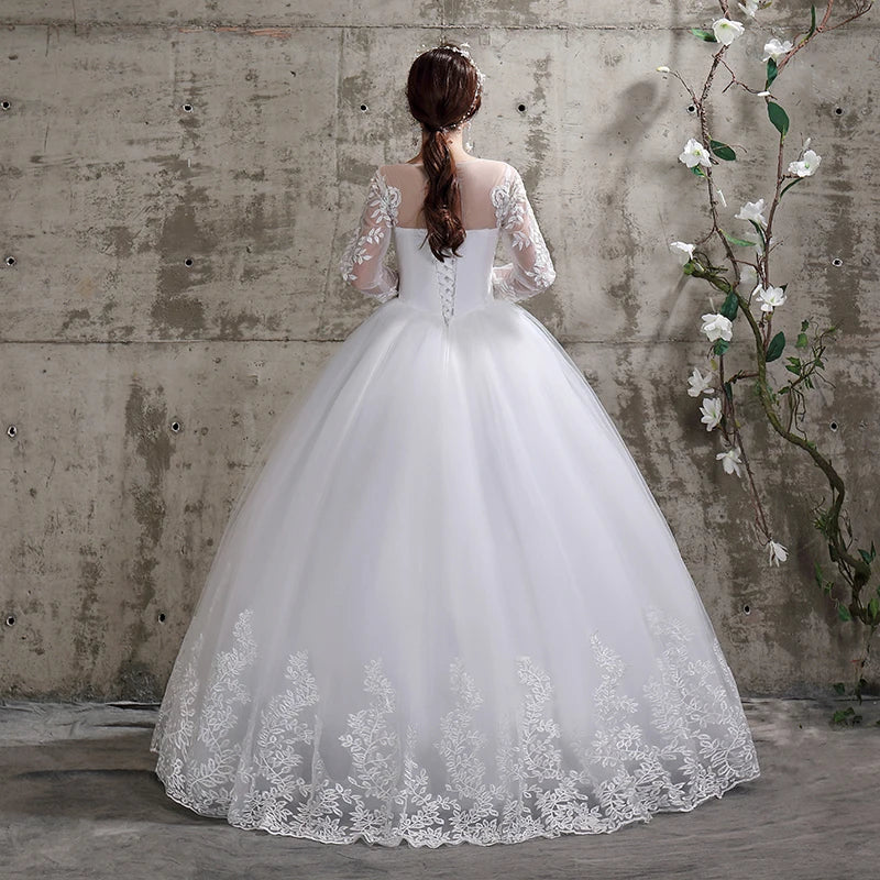 New Summer Korean Light wedding dress Vestidos De Novia off white bride O-neck dream princess simple Long Sleeve Lace appliques