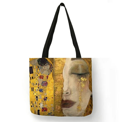 Customized Oil Painting Tears Linen Cloth Tote Bags For Women Gustav Klimt  Ladise Fashion Handbag Large Capacity Shopping Totes