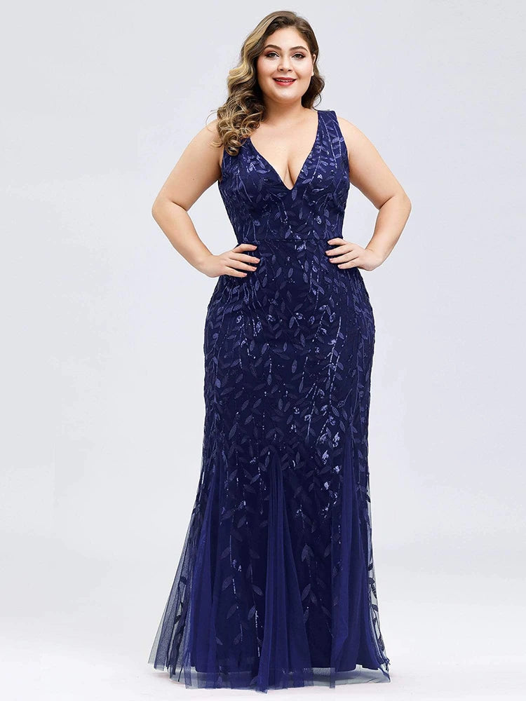 Plus Size Sleeveless Cocktail Dress V Neck  Back Mermaid Party Prom Gowns Tulle Sequins Full estidoes Women