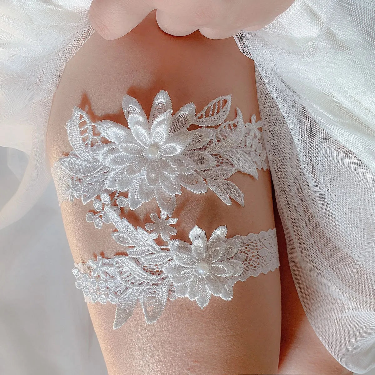 Bride Sexy Lace Flower Rhinestones Pearls Wedding Garter Belt Bridal Thigh Leg Garter Ring For Women Wedding Accessories