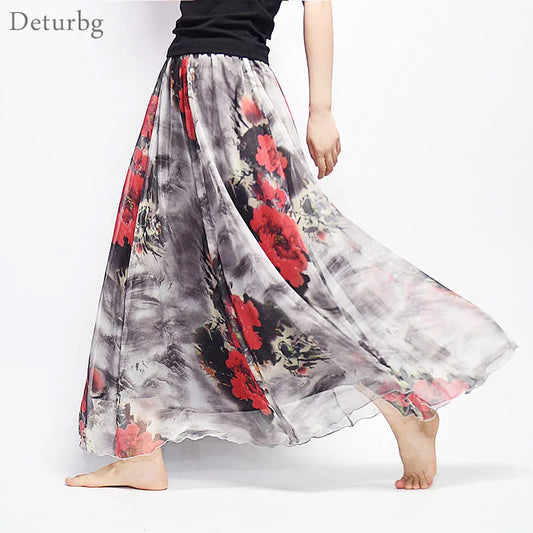 Women Fashion Florals Print Long Skirt Female Boho Style Elastic High Waist Chiffon Casual Beach Skirts Saias 19 Color Summer