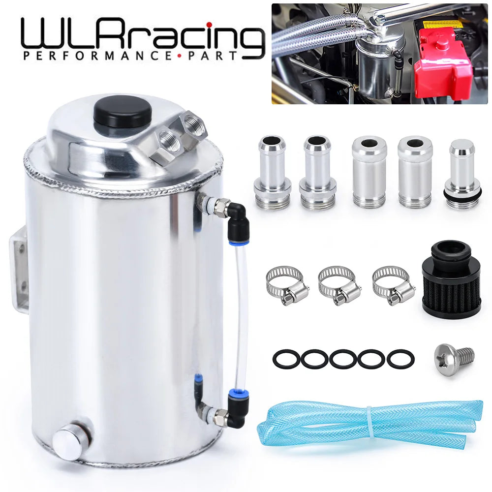 WLR RACING - 2L 2 LITRE ALUMINIUM POLISHED ROUND OIL CATCH CAN TANK WITH BREATHER FILTER WLR-TK01