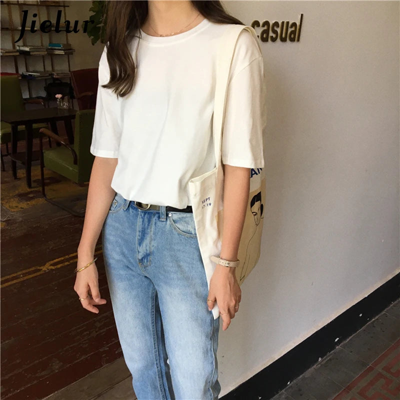 Jielur Tee Shirt Solid Color Basic T Shirt Women Casual O-neck Harajuku Summer Top Korean Hipster White Tshirt S-XL