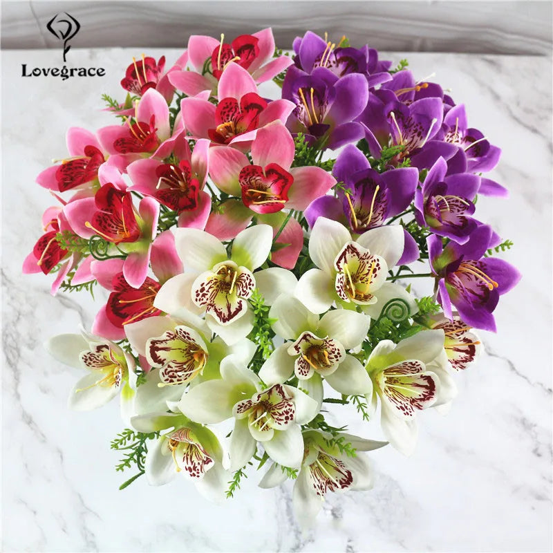 10Pcs/Bouquet Artificial Orchid Flore White Silk Fake Orchid Flower DIY Wedding Back Road Home Desk Vase Accessories Faux Flores