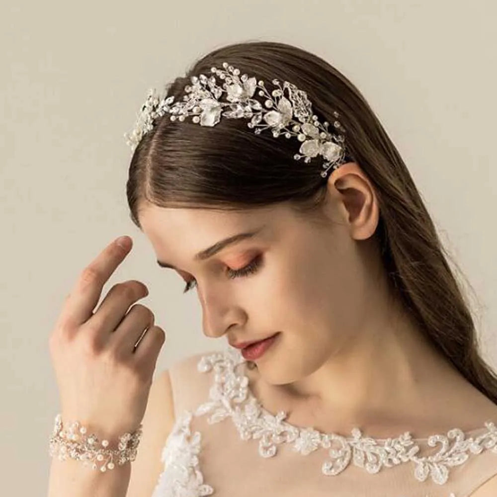 Women Silver Leaf Rhinestones Heabdand Wedding  Hair Jewelry Bridal Hair Accessories for Bride Women