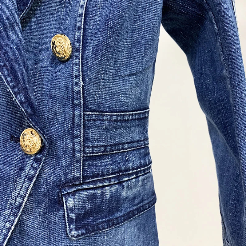 HIGH STREET New Fashion 2024 Designer Blazer Jacket Women's Metal Lion Buttons Double Breasted Denim Blazer Outer Coat