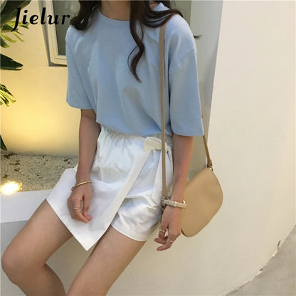 Jielur Tee Shirt Solid Color Basic T Shirt Women Casual O-neck Harajuku Summer Top Korean Hipster White Tshirt S-XL