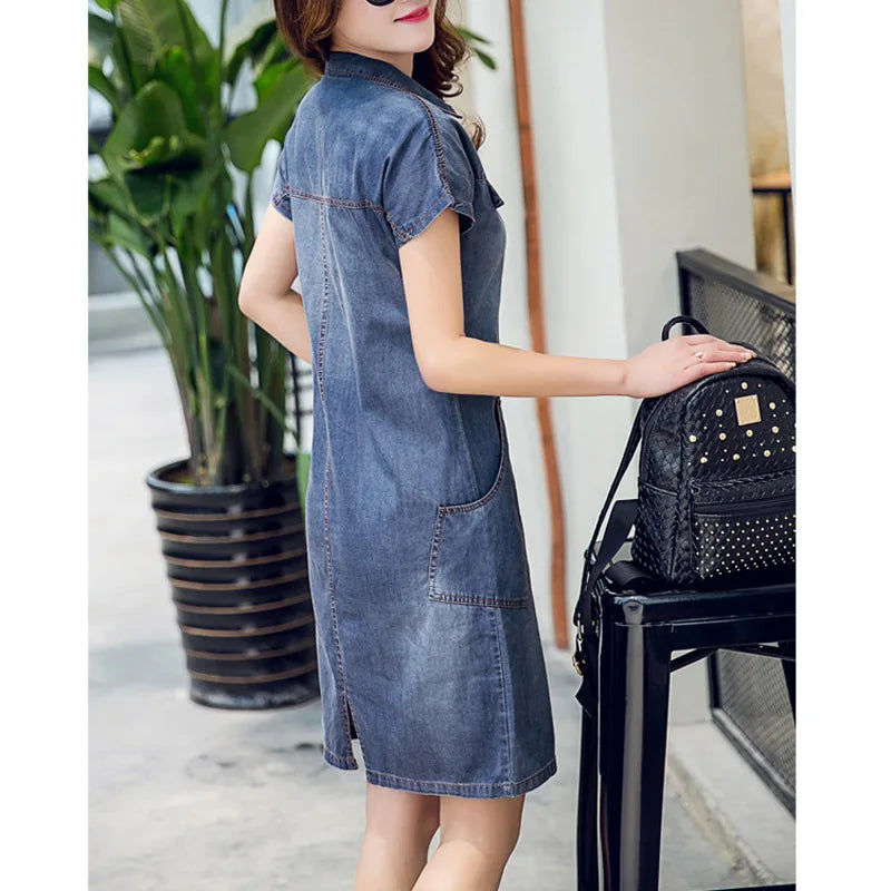 5XL 6XL 2023 Denim Dress Elegant Women Clothing Blue Jeans Shirt Dresses Ladies Office Loose Summer Dress Vestido Femininos Y67