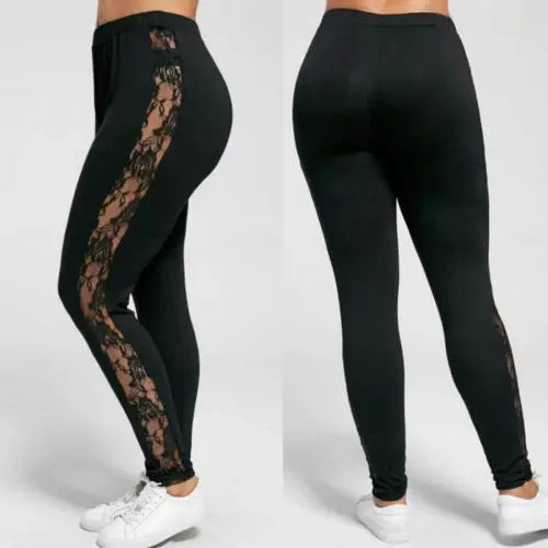 Sexy Womens Ladies Floral Lace Patchwork Side Panel Cut Out Black Empire Leggings Plus Size