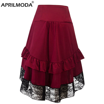 Costumes Steampunk Gothic Skirt Lace Women Clothing High Low Ruffle Party Lolita Red Medieval Victorian Punk Skater Button Front