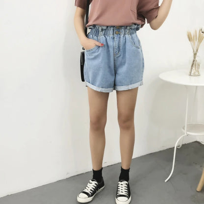 2023 Summer High Waist Denim Shorts Women Casual Loose Ladies Fashion Roll Up Hem Elastic Waist Pocket Blue White Jeans Female