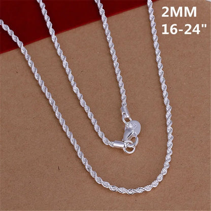 925 16-24INCHES Free shipping Beautiful fashion Elegant silver color women men 2MM chain cute Rope Necklace Can for pendant N226