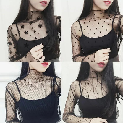 Ruoru Women Sexy Harajuku Mesh Tops Net See Through T Shirt Transparent Undershirt Star Base Top Camisas Femininas Clubwear