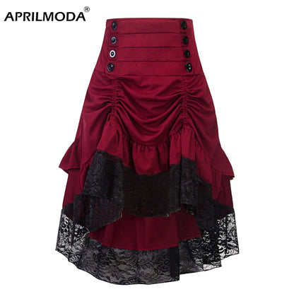 Costumes Steampunk Gothic Skirt Lace Women Clothing High Low Ruffle Party Lolita Red Medieval Victorian Punk Skater Button Front