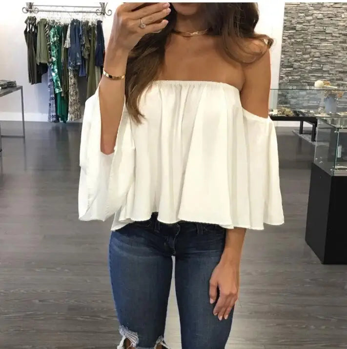 2022 Summer T-shirt Women Fashion Sexy Chiffon Off Shoulder Shirts Strapless Short Sleeve Beach Tops Tee Feminine 5XL