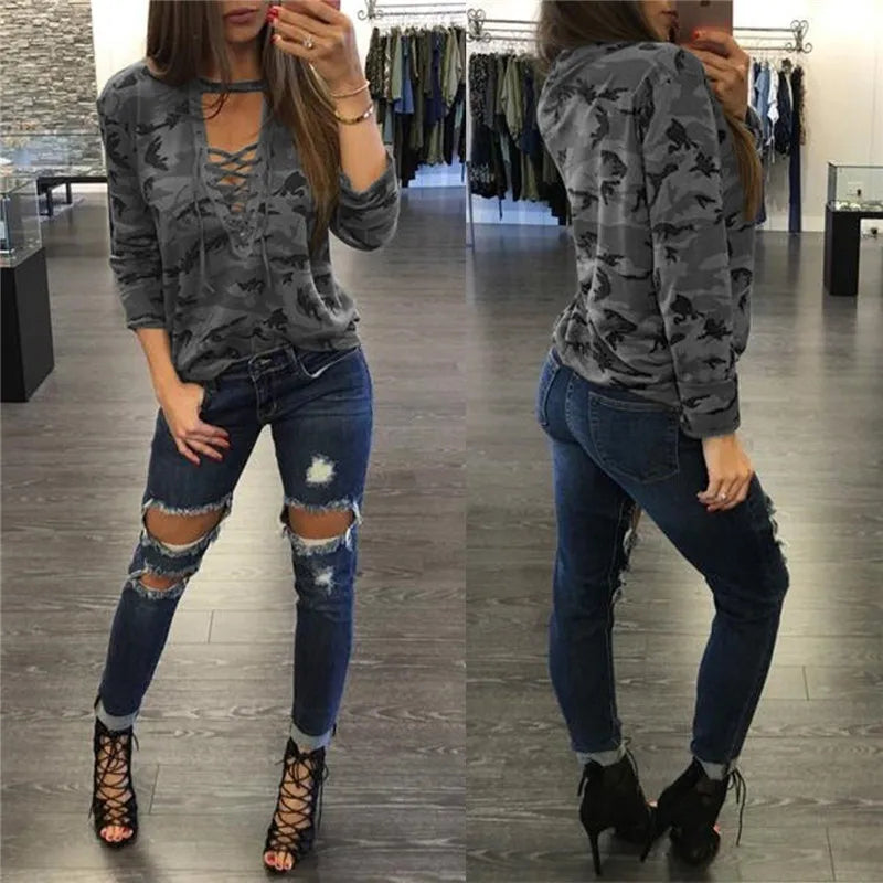 Camouflage Print Women Long Sleeve Slim T-Shirt Fashion V-Neck Lace-up Lady Sexy Tops Army Style Casual Female TShirt Tee