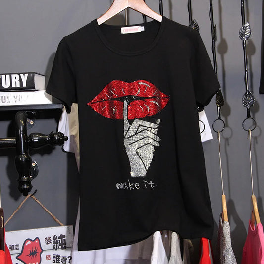 Loose cotton Hot drilling black T-shirts women short sleeve summer new Breathable Korean version Tees 2022 diamonds Trend Tops