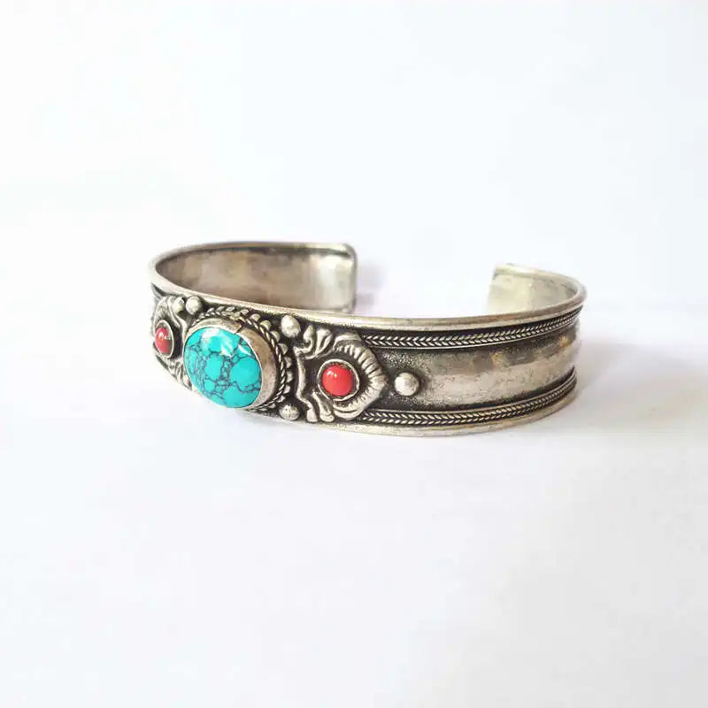 BB-456 Tibetan Bangles White Metal Copper Inlaid Simulated Turquoise Open Cuff Bangle Nepal vintage Jewelry