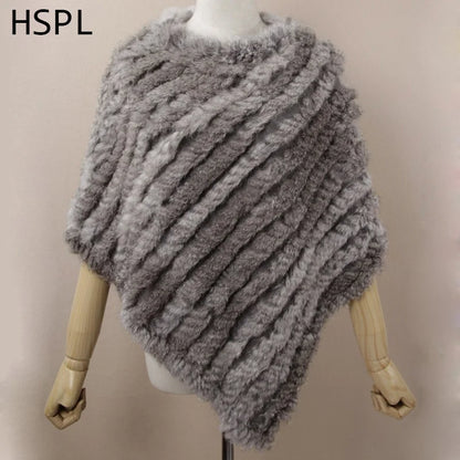 HSPL Fur Poncho 2022 Autumn Real Rabbit Hot Sale Triangle Knitted Women Pullover Lady Pashmina Wrap poncho pele de coelho