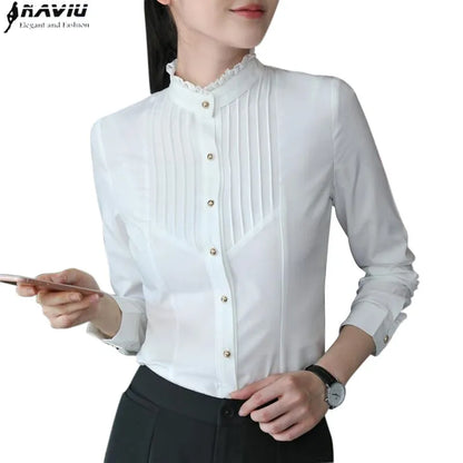 Spring Fashion Women Clothing Long Sleeve White Blouses Formal Slim Lace Stand Collar Chiffon Shirt Office Ladies Tops