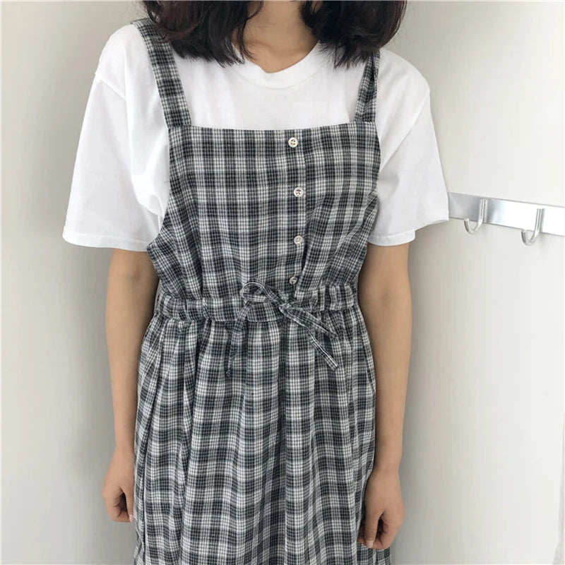 2023 Summer Spaghetti Strap Plaid Dress High Waist Sleeveless Long Women Dress Casual Loose Kawaii Dresses Lolita Sundress