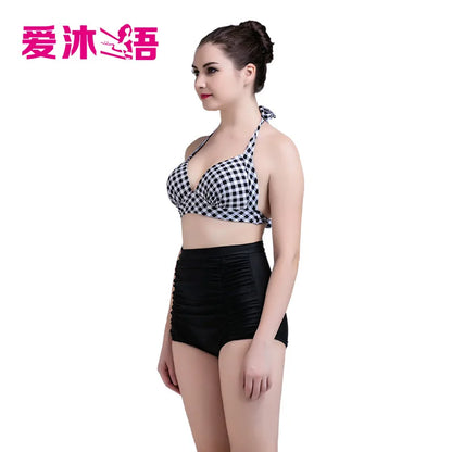 Plus Size Women Halter Top Bikini Set High Waist Push Up Swimsuit Plaid Vintage Sexy Beach Bathing Suit Swim Wear Retro XXL XXXL