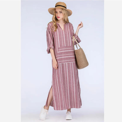 Womens Cotton Linen Dress Big size 5XL large size Kaftan Long Sleeve 2024 Summer Striped Women Large Size Long Maxi Boho Dresses