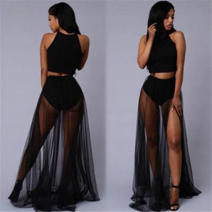 Lace Girls Summer Long Lace Skirt Women 2018 Mesh Voile Casual Skirts High Waist Bohemian Sexy Transparent Maxi Beach Skirt