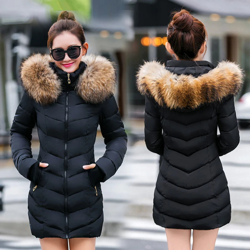 winter jacket women 2019 female coat Hooded Slim Outwear woman long parka Faux fox fur Cotton Padded abrigos mujer invierno