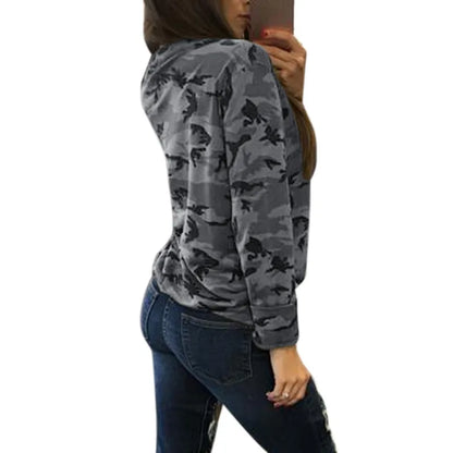 Camouflage Print Women Long Sleeve Slim T-Shirt Fashion V-Neck Lace-up Lady Sexy Tops Army Style Casual Female TShirt Tee